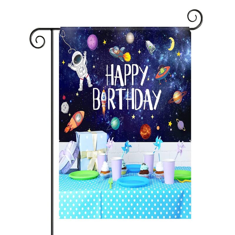 Happy Birthday Garden Flag Outer Space Astronaut Rocket UFO Planet Double Sided Flags Galaxy Party Gifts for Kids Outdoor Decor