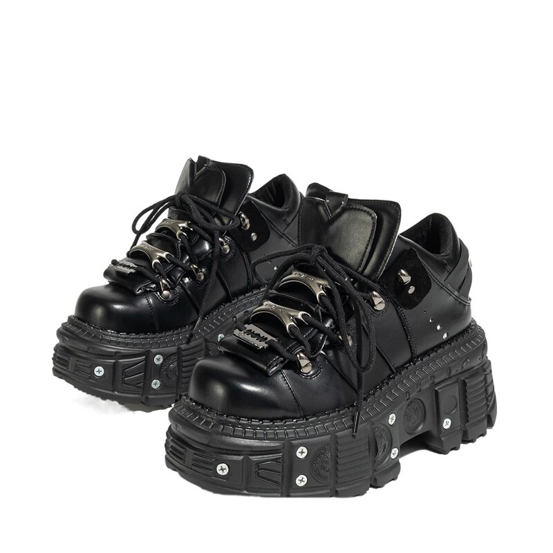 Sapato feminino de plataforma de couro gótico, fundo grosso, punk, metal, aumento de altura, rocha pequena, cordões, rebite
