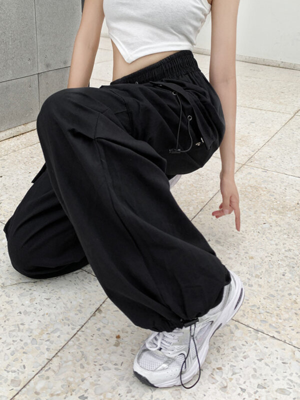 Женские Мешковатые брюки-карго Harajuku, винтажные брюки с широкими штанинами и карманами, уличная одежда с высокой талией и завязками, корейская мода Y2k