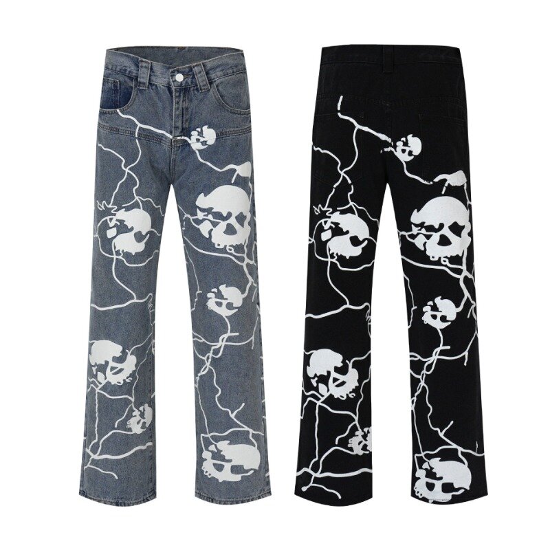 European and American Men's Jeans Y2K Hip-Hop Printed Skull Denim Straight Trousers Men High Street Personalized Denim Trousers