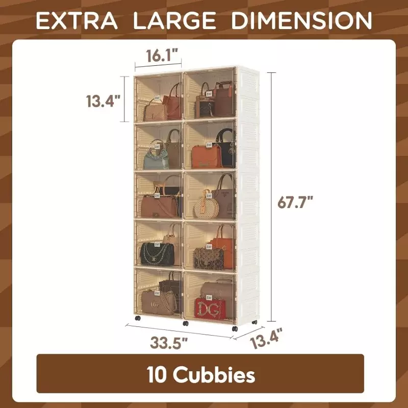 10 Cubbies Handbag Storage Organizer for Closet,Purse Storage Organizer,Shoe&Boots Cabinet Storage with Magnetic Door and Wh