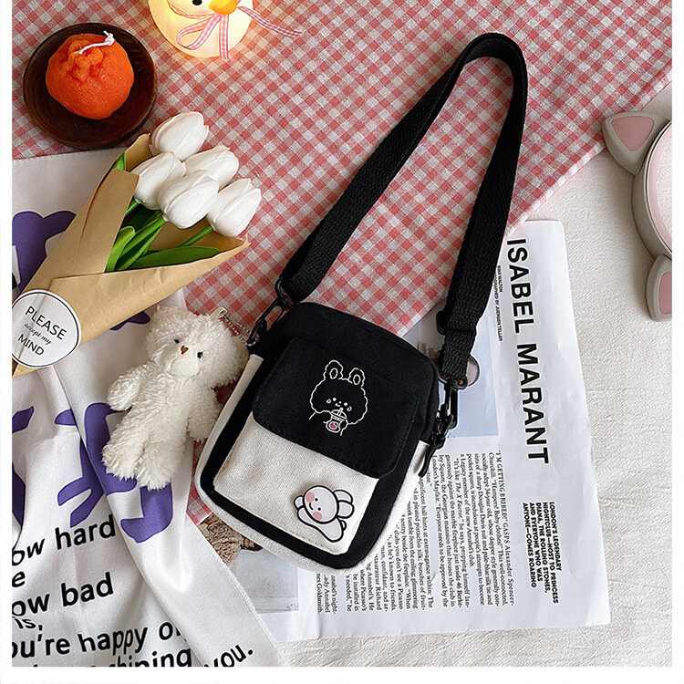 Canvas Women's Phone Bag Cartoon Printed Shoulder Messenger Bag Hit Color Flap Purse Casual Handbag Female Shopping Bag сумка