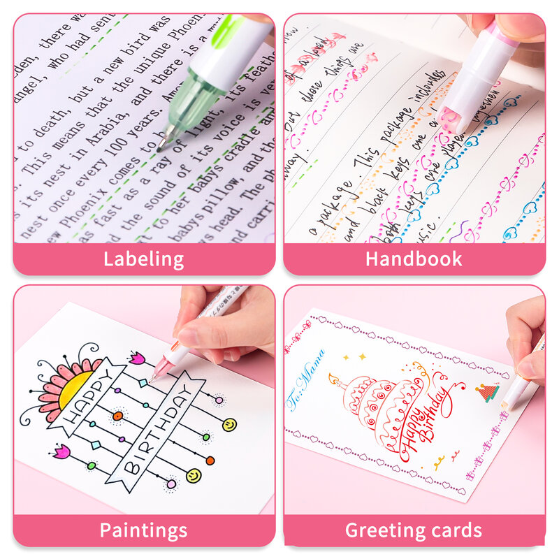 Borrence 3PCS Kawaii Flowers Line Shaped Highlighter Pens Roller Tip Curve Liner Marker Writing Journaling Drawing Stationery