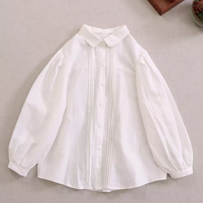 Блузка женская хлопково-Льняная в японском стиле, свободная рубашка в стиле девушки Мори, повседневный топ с отложным воротником и рукавами-фонариками