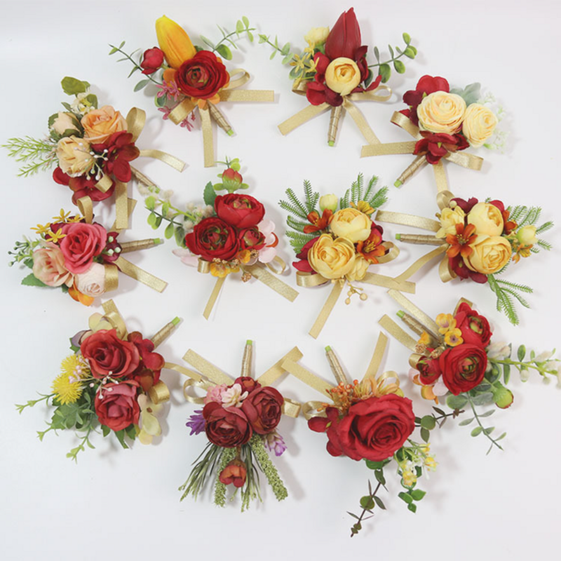 Gebrand Oranje En Rode Boutonniere Voor Bruiloft Voor Gasten Kunstzijde Roos Kant Bruidsmeisjes Decoratie Huwelijk Bloemen