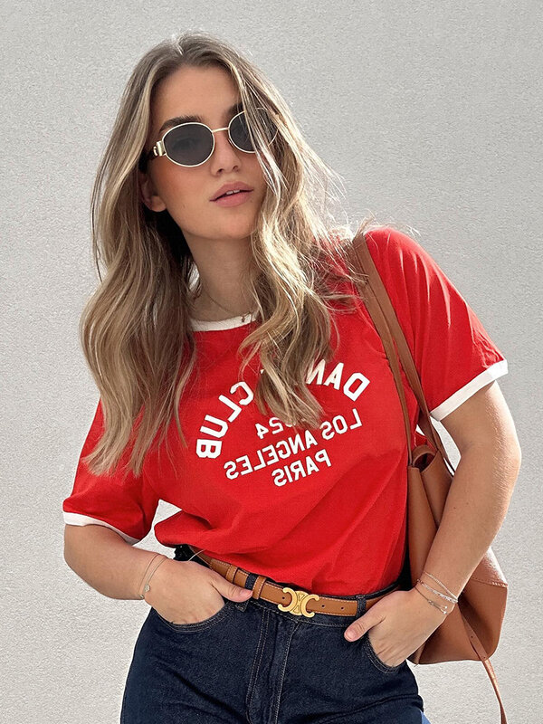 T-shirty z nadrukiem w stylu vintage 2024 odzież damska letnia koszulka z krótkim rękawem i dekoltem w kształcie litery "o" topy moda codzienna koszulki damskie