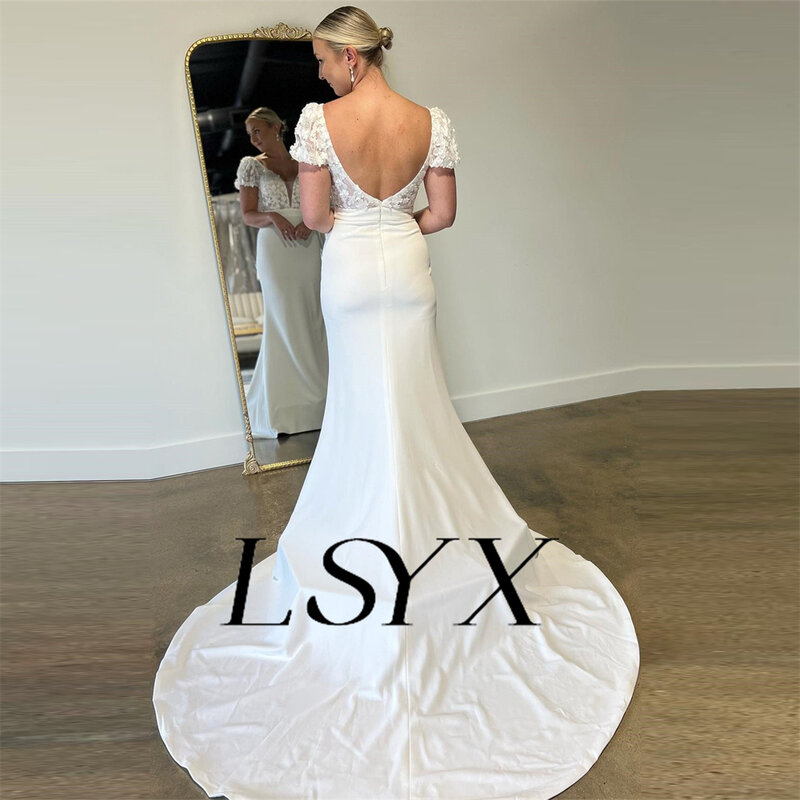 Lsyx-エレガントなパフスリーブのウェディングドレス,レース,ドレープ,Vネック,ショート,マーメイドドレス,オープンバック,コート,ブライダルガウン,カスタムメイド
