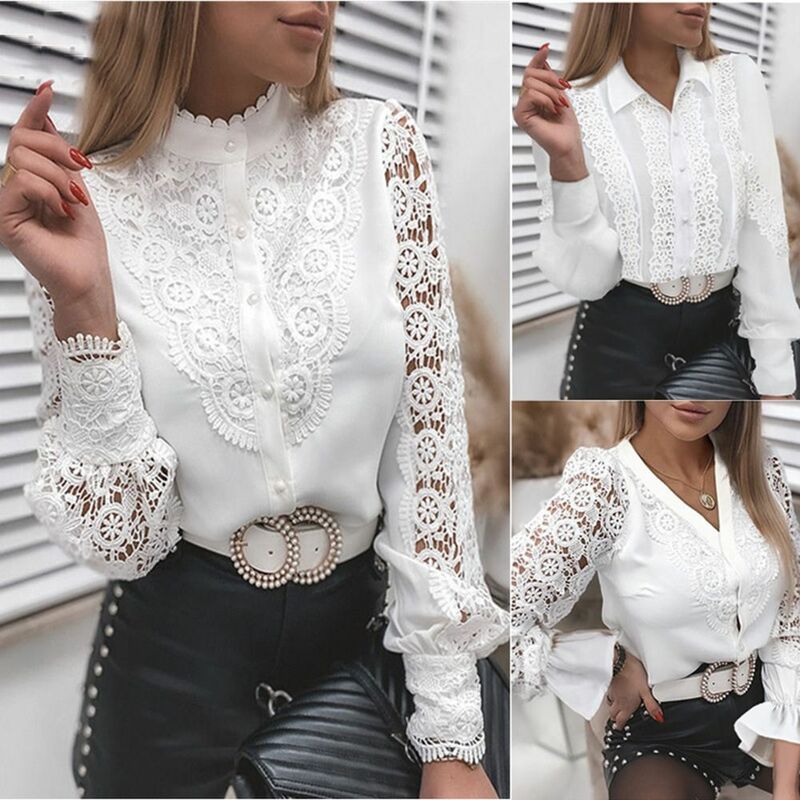 Blusa sexy de renda branca patchwork para mulheres, oco, manga longa, o-pescoço, tops de malha, camisas elegantes, primavera, outono, 2022