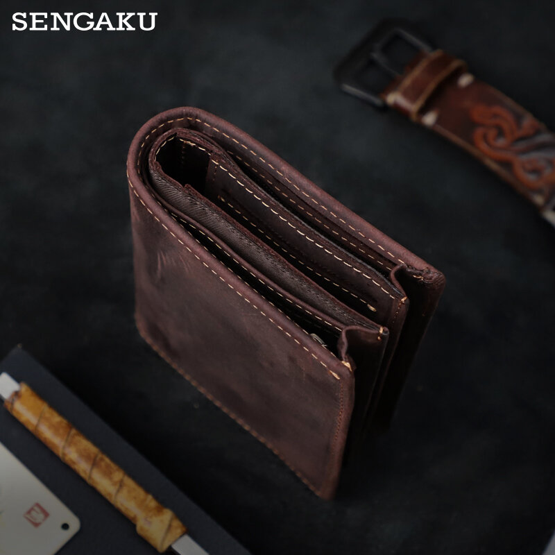 Retro Men's Short Wallet Handmade Genuine Leather Card Slot Money Bag Coin Purse With Zipper Portable Fold Wallet For Male