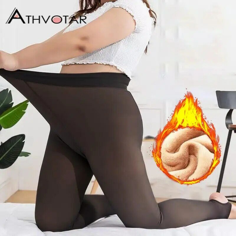 ATHVOTAR-Meia-calça de lã quente para mulheres, meias translúcidas falsas, plus size, térmica, tamanho grande, elástica, sexy push up, inverno