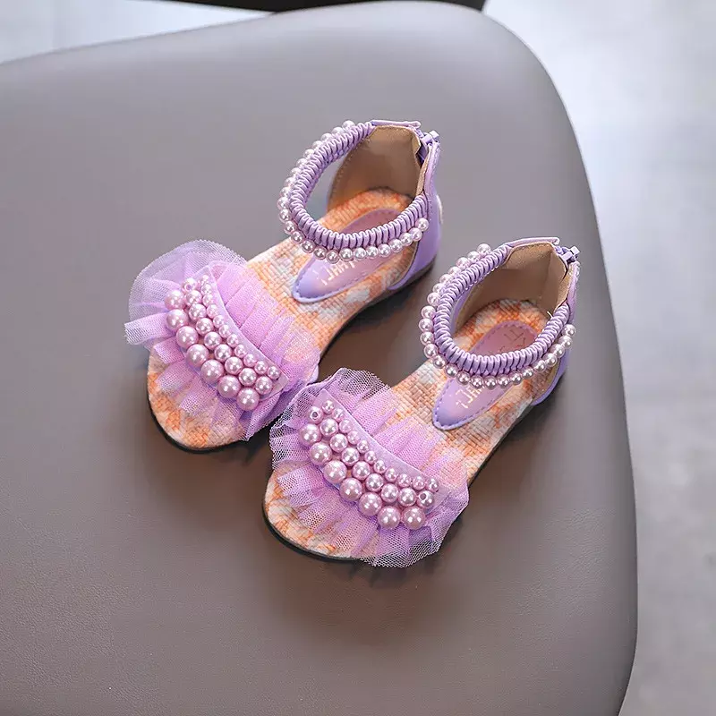 Summer Children's Fashion Sandals Girls Rhinestone Princess Shoes Kids Lace Pearl Flower Beach Sandals Size 21-36 G605
