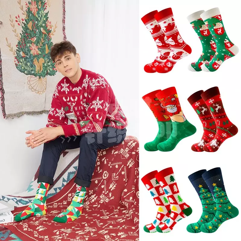 Новые хлопковые женские носки с Санта Клаусом оленем снеговиком средней длины Новогодние рождественские носки