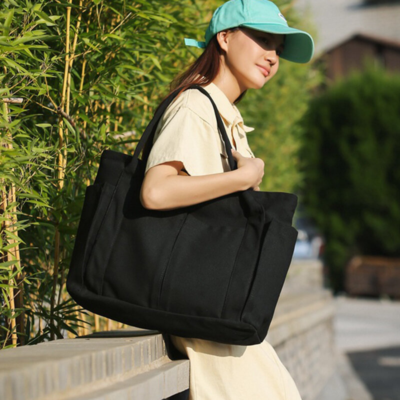 กระเป๋าถือผ้าใบความจุขนาดใหญ่แฟชั่นผู้หญิงสีกากีกระเป๋าโท้ท/ดำ/ขาว/น้ำเงินกระเป๋าสะพายไหล่สีทึบหญิงกระเป๋าใบใหญ่