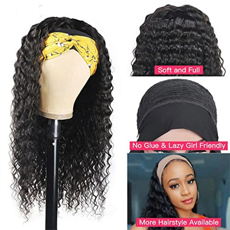 Deep Wave Headband Scarf Wig For Women Brazilian Remy Human Hair Wigs None Lace Glueless Full Machine Made Wig Headband Wig