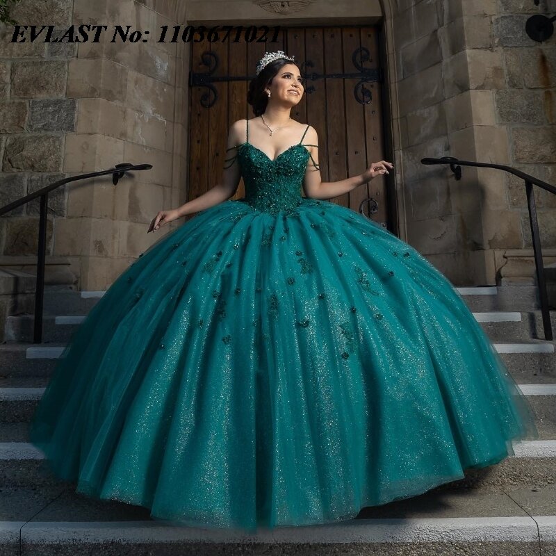 EVLAST Mexican Dark Green Quinceanera Dress Ball Gown Shiny Lace Applique Beaded Corset Sweet 16 Gown Vestidos De Anos SQ385