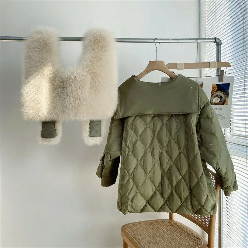 Корейская мода 2023, зимнее пальто, куртка на утином пуху, Женское пальто в стиле пэчворк, пушистые теплые парки с искусственным мехом, верхняя одежда со съемным большим мехом