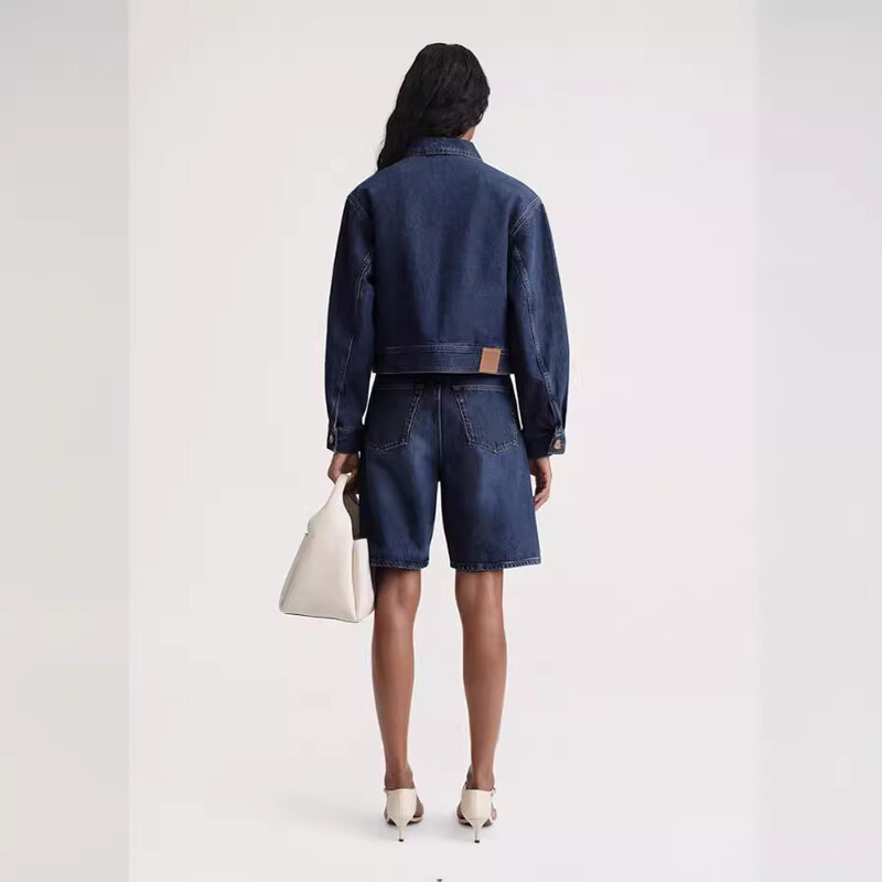 Nowy 24 letni głęboki błękit bawełniany krótki dżinsowy płaszcz w stylu Vintage dla kobiet wysokiej jakości