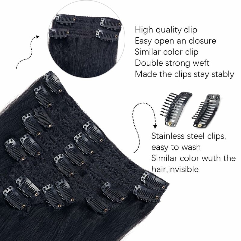 Straight Clip In Hair Extensions Full Head 8Pieces 120G/Set  Brazilian Remy Virgin 100% Human Hair Natural Black Color For Women