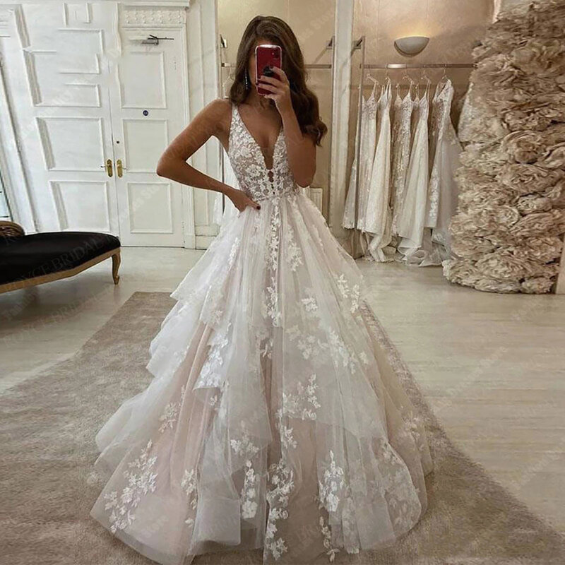 Nowa suknia ślubna z dekoltem w serek bez rękawów błyszcząca aplikacja z koralikami do podłogi ślubna suknie balowe wspaniała iluzja Vestidos De Novia