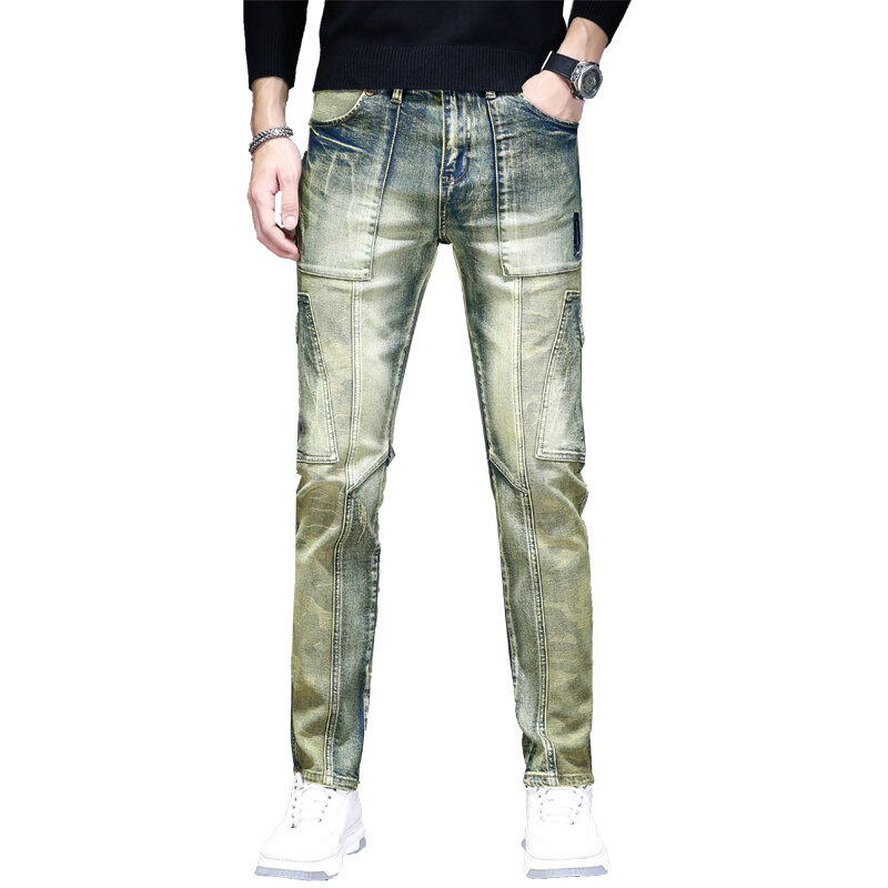 Ретро состаренные мотоциклетные джинсы мужские высококлассные небольшие прямые модные Универсальные облегающие Стрейчевые повседневные уличные брюки