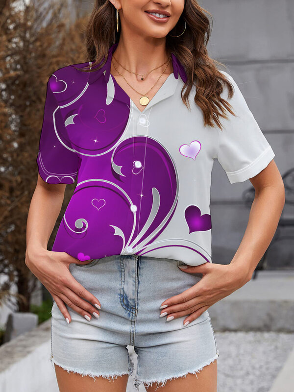 Camisa feminina de lapela de manga curta, verão, roxo, flor, impressão digital 3D, personalizada, temperamento, top feminino