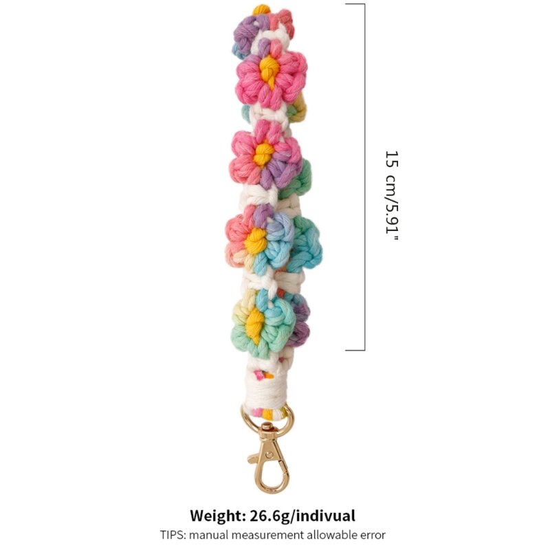 Macrame Keychain Boho Handmade Colorful Flower Wristlet Keychain Lanyard