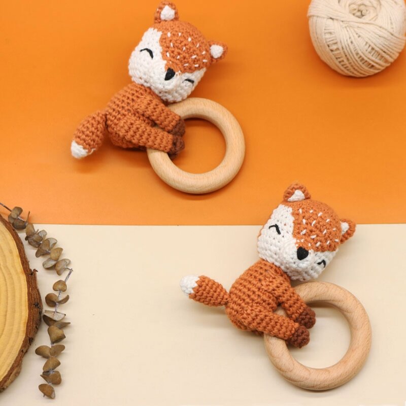 77HD benang katun Crochet hewan Rattle rajutan bel tangan bayi Teether cincin kayu buatan tangan BPA bebas mengunyah mainan tumbuh gigi