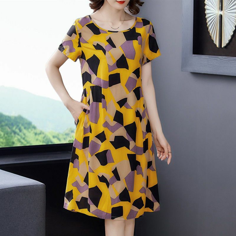Fashion O-Neck Printing Pockets Folds Geometric Vintage Dress Women's Clothing 2024 Summer New Loose Office Lady Midi Dress