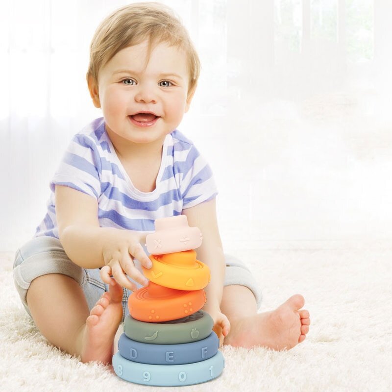 Dziecięca kreskówka miękka guma tęcza wieża układanie koło dziecko wczesne dzieciństwo edukacja Puzzle pierścień Montessori zabawka dla dzieci