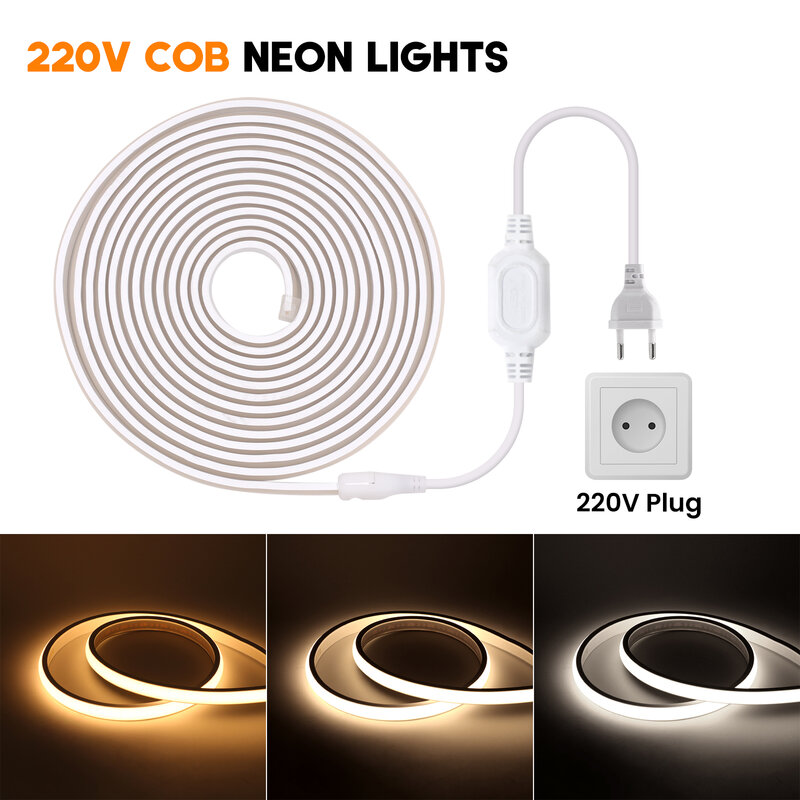 Pasek Neon LED COB 220V 288LEDs/m CRI RA90 elastyczny taśma LED zewnętrzny z przełącznikiem/ściemniaczem wtyczka zasilania ue do oświetlenie kuchenne