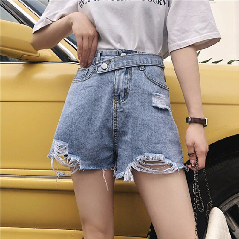 Shorts de vaqueiro de cintura alta femininos, jeans casual, pocket streetwear, jeans de perna larga, verão, 2024