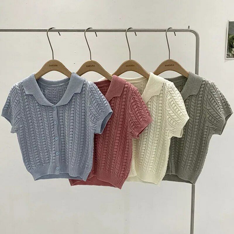 Turn Down Collar Short Sleeve Cardigan Knit T Shirt Women Summer Casual Soft Knitwear Tees Tops Female Solid Women T Shirt
