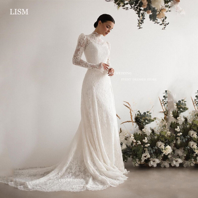 Lism ชุดแต่งงานลูกไม้วินเทจเสื้อคอยาวสูงนางเงือกความยาวพื้นรถไฟกวาดชุดเจ้าสาว vestidos de novia 2024