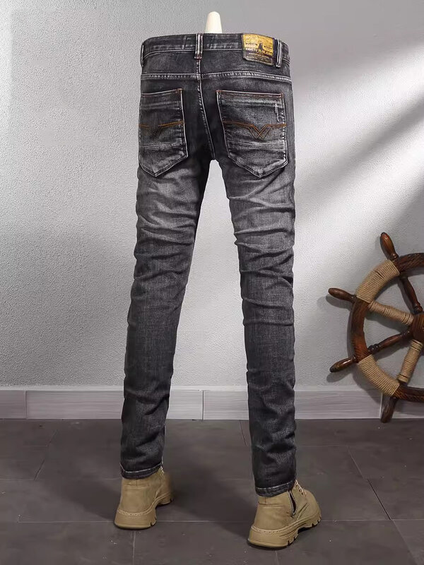 Fashion celana Jeans pria, celana Denim desainer Vintage elastis ramping pas badan, hitam abu-abu Retro kualitas tinggi