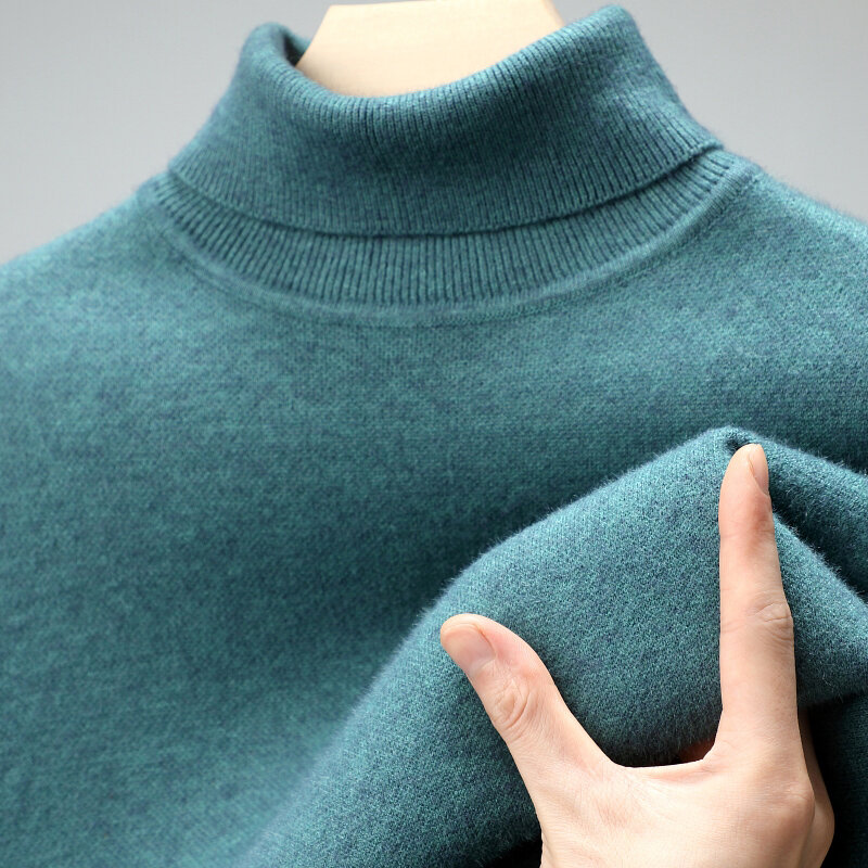 Sweater musim dingin pria, Sweater tebal warna Solid sederhana bisa kerah tinggi Bottoming kemeja serbaguna