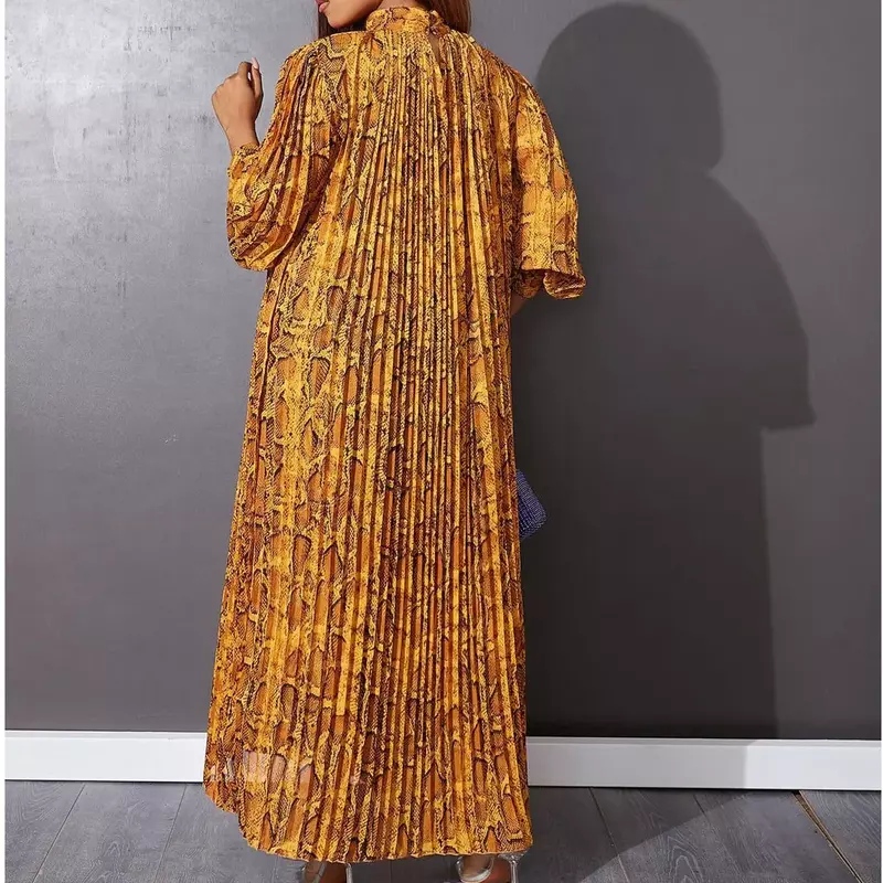 Женское плиссированное платье, длинное платье с принтом, рукавами-фонариками и поясом, лето 2024