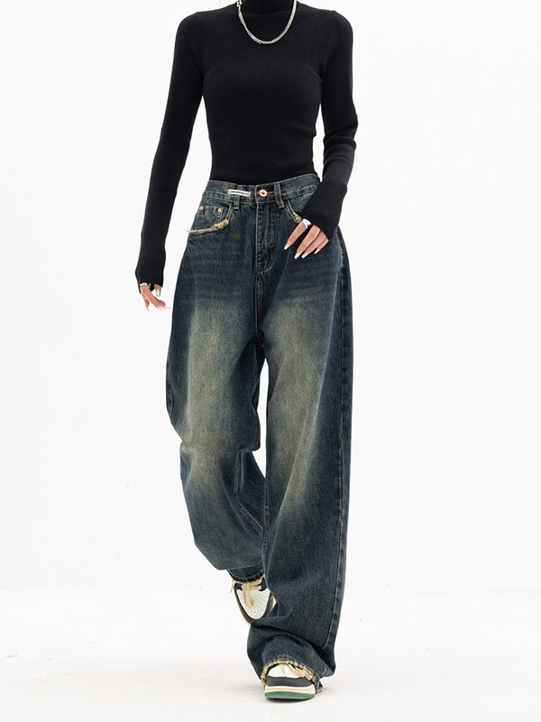 Jean taille haute pour femme, style Harajuku, streetwear vintage, tout match, denim à jambes larges, mode 2023