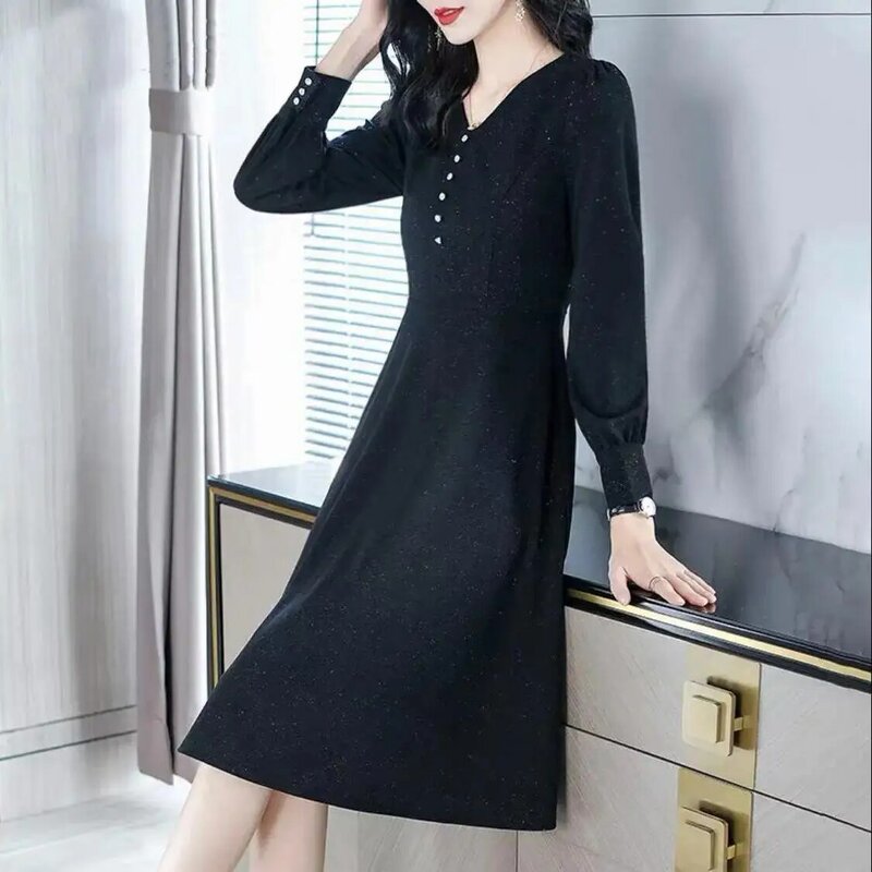 Vestido negro ajustado de manga larga para mujer, ropa cómoda con cuello en V, Color liso, moda de oficina, 2022