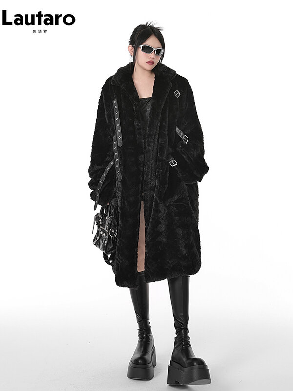 Lautaro Winter cool lang locker lässig weich dick warm schwarz Fuzzy Kunst pelz Mantel Frauen stehen Kragen Punk-Stil flauschige Jacke