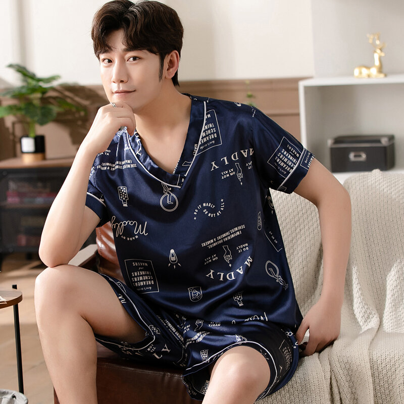 Camiseta de satén para hombre, camisa informal de manga corta con cuello en V, pijama holgado, ropa de dormir con estampado, 2023