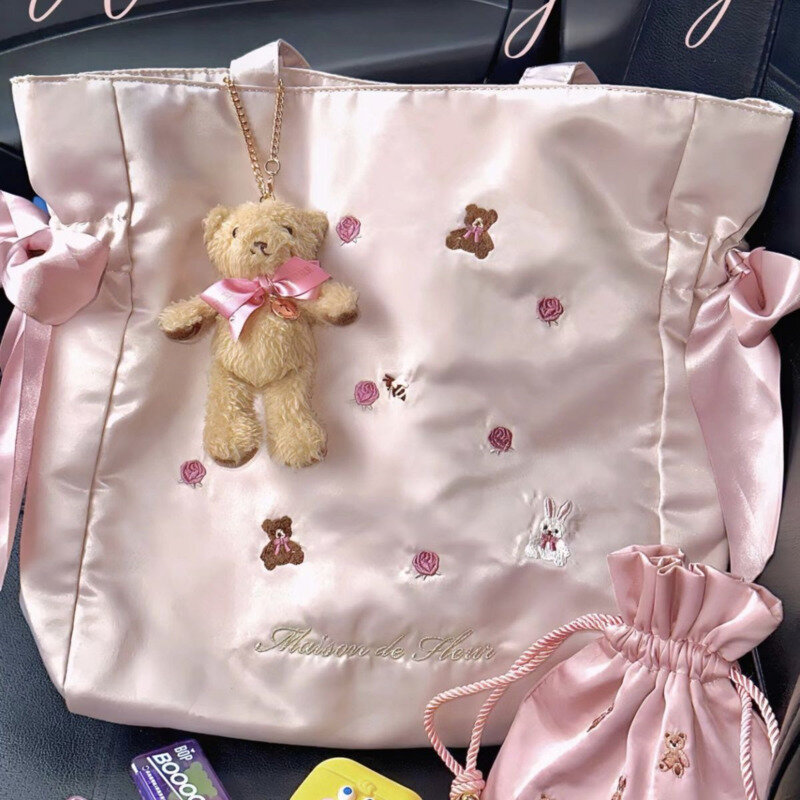 Bolsa de ombro versátil para mulheres, bolsas rosa, bordado, alta capacidade, sacolas, casuais, femininas