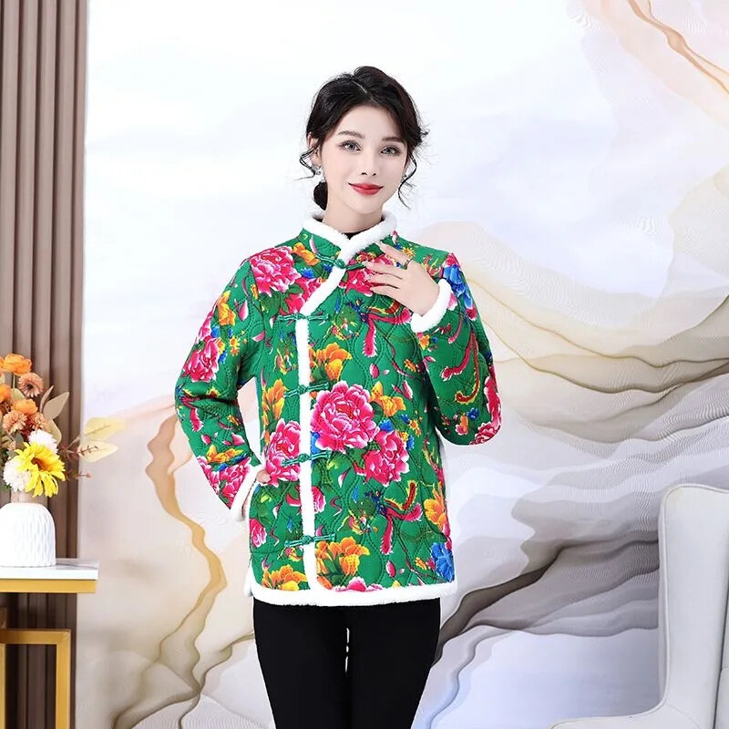 Grote Bloemenjas Mode Tang Pak Winter Katoenen Gewatteerde Jas Chinese Stijl Olus Fluwelen Warme Jas Moeder Katoenen Gewatteerde Jas