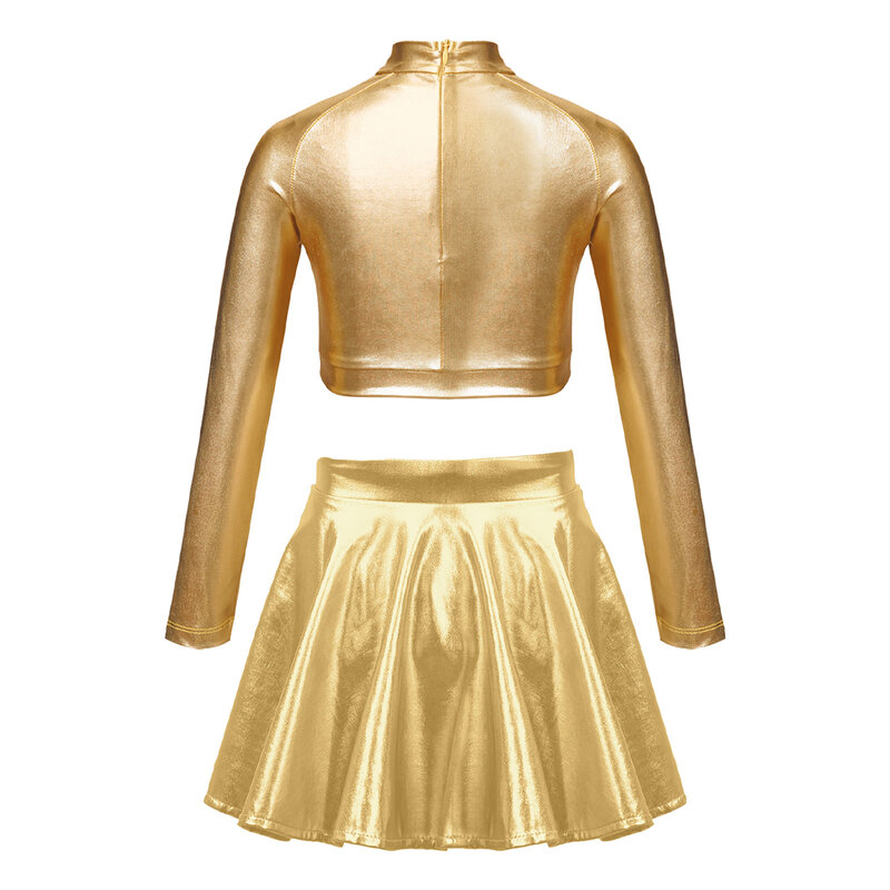 Kids Girls Glossy Metallic Dance Outfit Long Sleeve Sequin Crop Top Skating Short Skirt Suit for Figure Skating