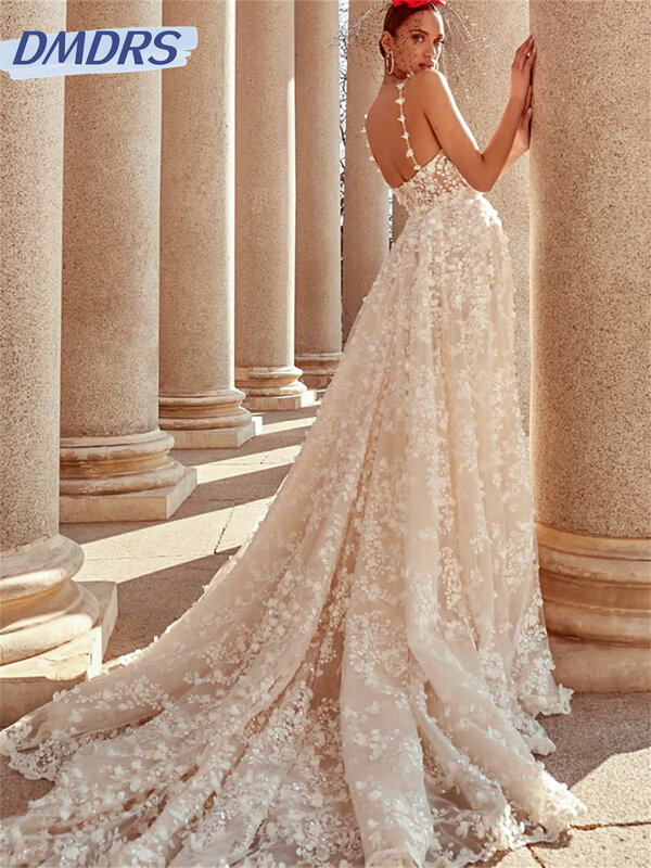 Vestido de noiva sexy com cintas de espaguete, vestido clássico de casamento a linha, vestido até o chão, aplique encantador, 2024
