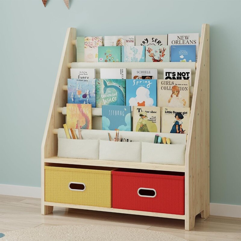 4 Tier Kids Book Shelf, Wooden Kids Book Rack Storage Bookshelf with Toy Storage Organizer,