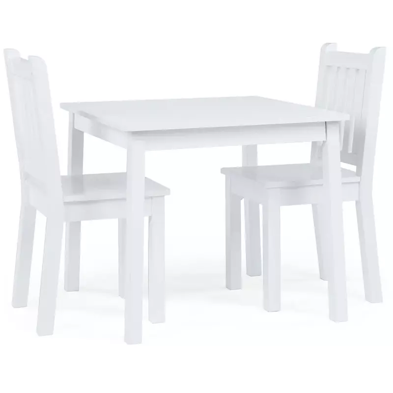 ชุดโต๊ะทรงสี่เหลี่ยมทำจากไม้สำหรับเด็กเล็กและเก้าอี้2ตัวสีขาวอายุ3ปีขึ้นไป