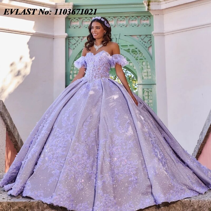 EVLAST New Lavender Quinceanera Dress Ball Gown 3D Floral Applique Beaded Crystals With Cape Sweet 16 Vestidos De 15 Anos SQ212