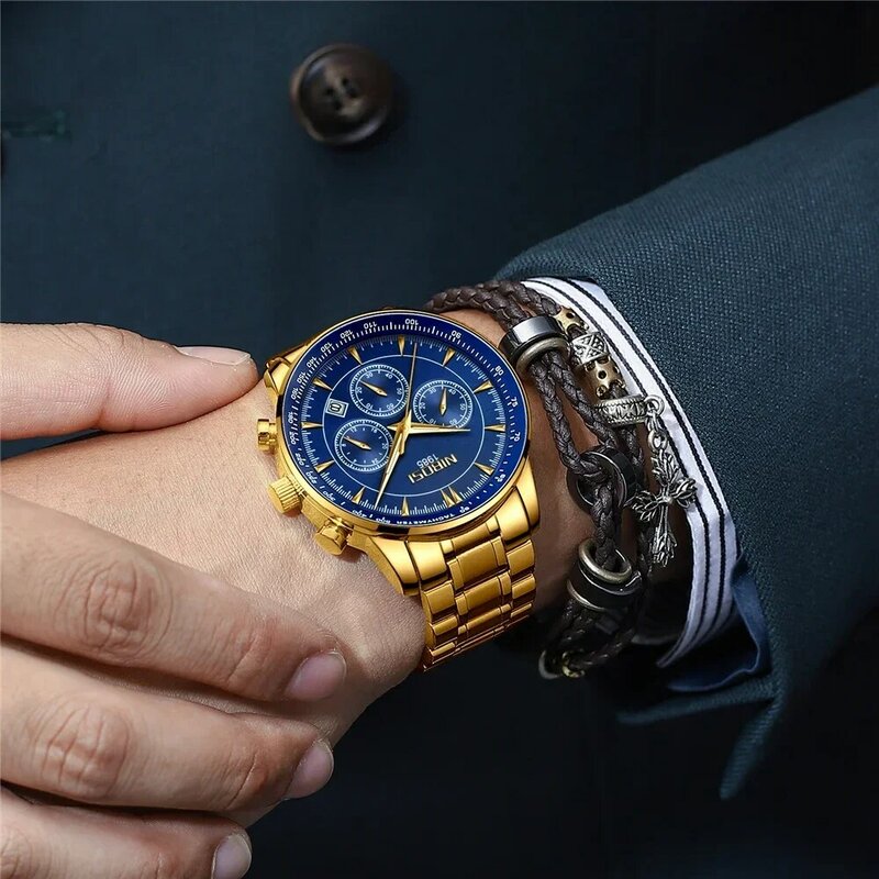 NIBOSI-Reloj de pulsera deportivo de lujo para hombre, resistente al agua, con fecha luminosa, de cuarzo y acero inoxidable, + caja