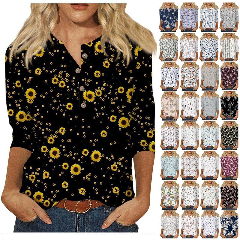 Casual Plus Basic Tops Pullover Korean Popular Clothes 3/4 Sleeve Shirts For Women Cute Flowers Print Graphic Tees Blouses