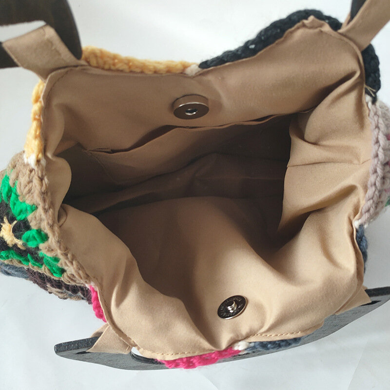 Damska wełniana tkana torba plażowa torebka kwiatowy ręcznie tkane torby na ramię ręcznie szydełkowa torba kwiatowe szwy torba na zakupy